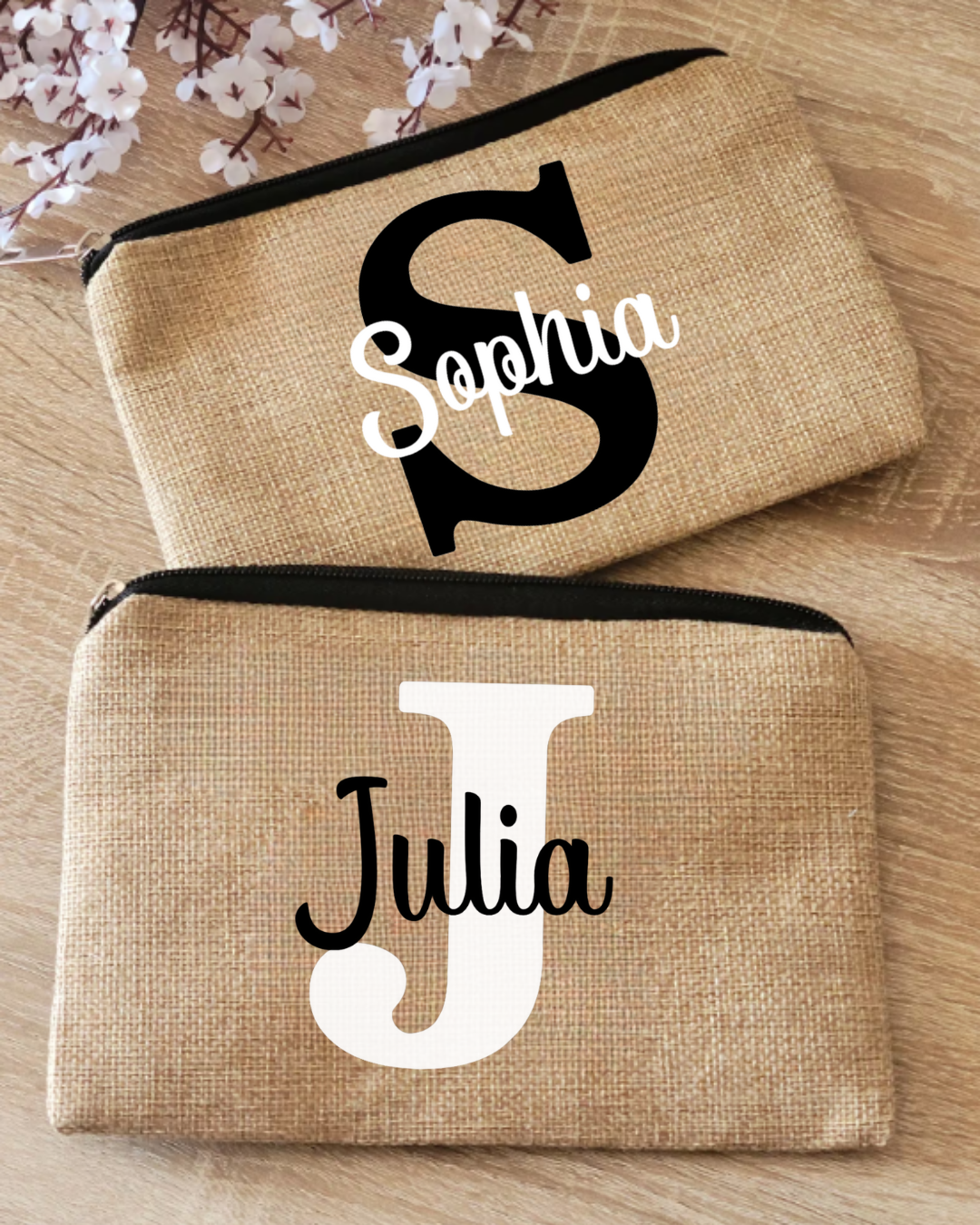 Pochette plate en jute personnalisée avec initiale et prénom