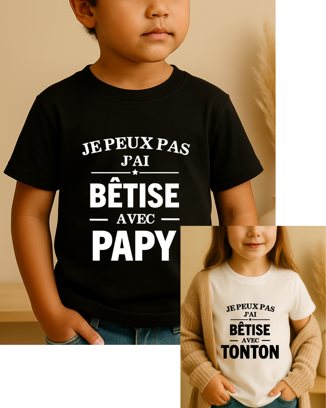 T-shirt personnalisé enfant inscription : j'peux pas j'ai bêtise avec Papy, texte modifiable
