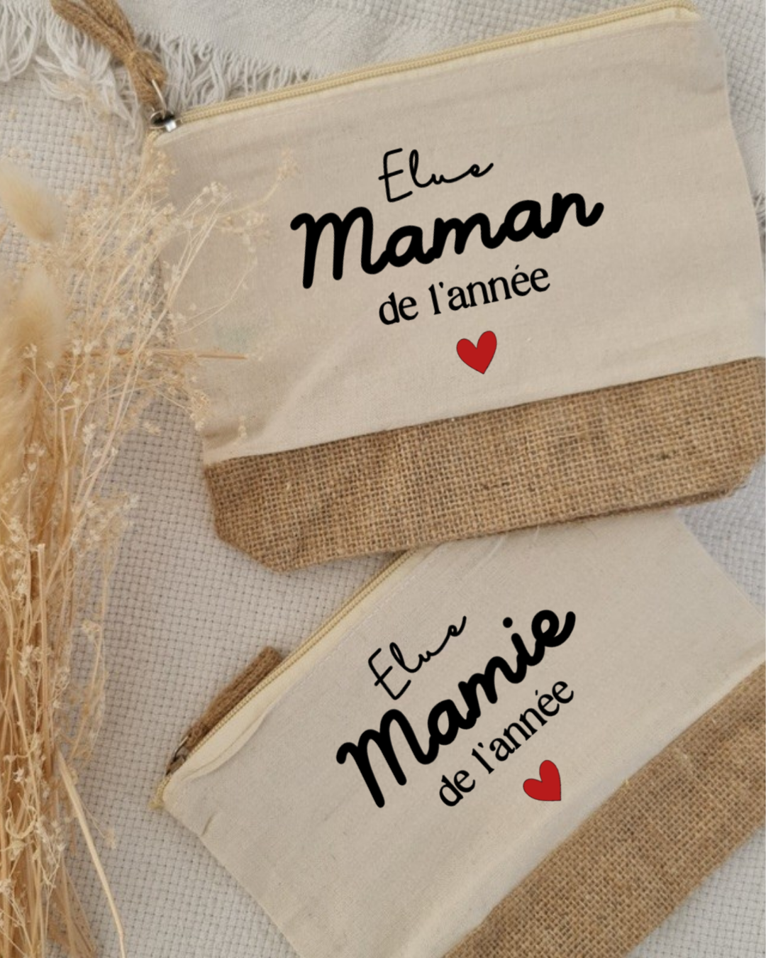 Pochette coton et jute Elue maman de l'année ,texte modifiable