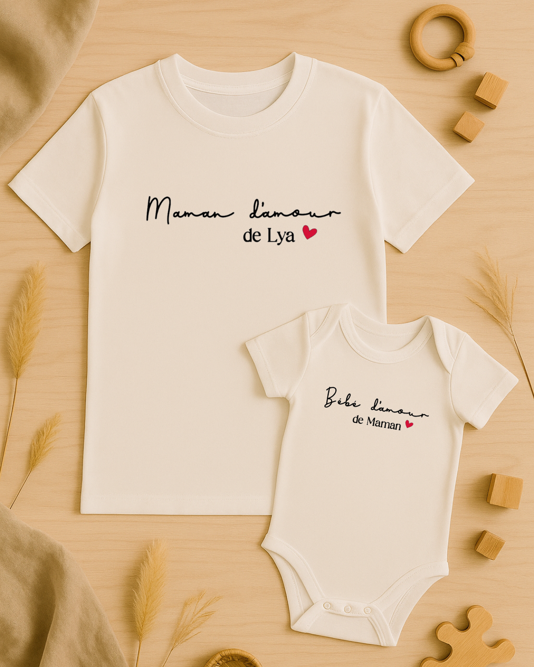Coffret textile personnalisé t-shirt adulte + body bébé