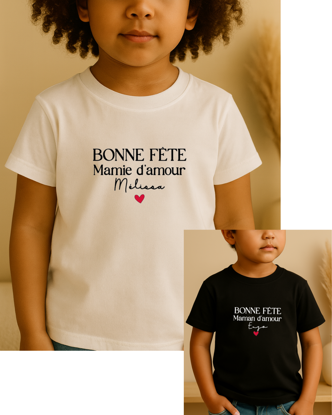 T-shirt personnalisé enfant, inscription : bonne fête maman je t'aime +prénom, texte modifiable