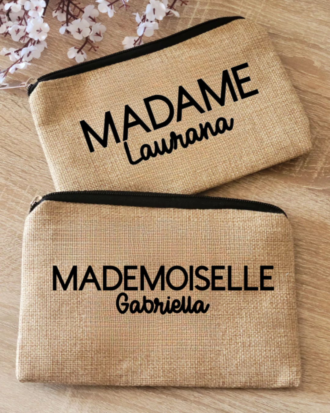 Pochette plate en jute , madame ou mademoiselle + prénom