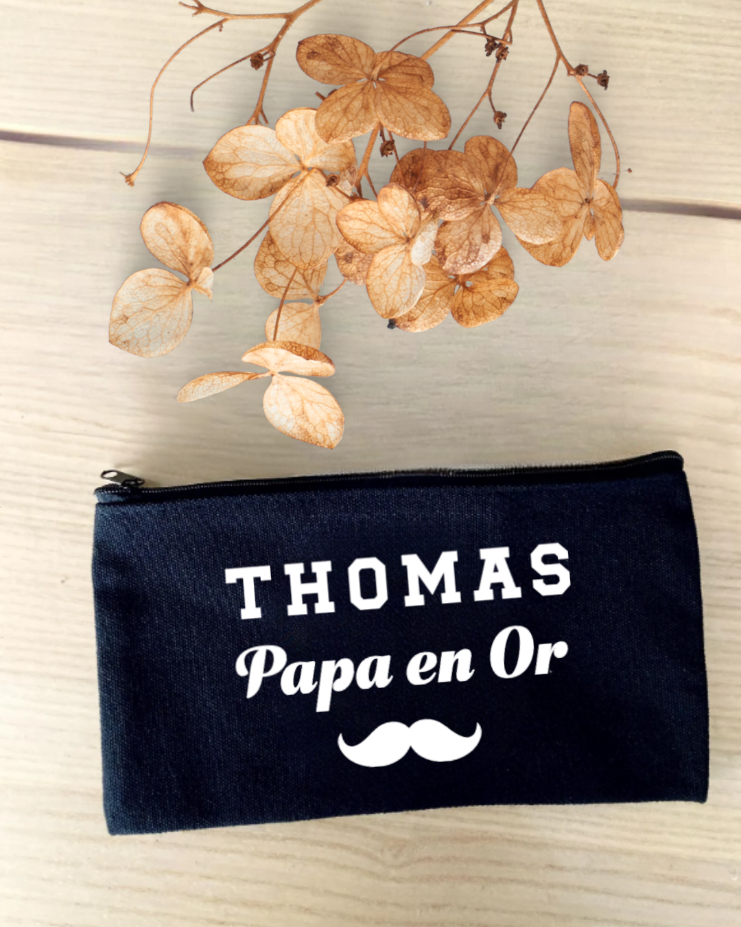 Pochette plate en coton , prénom + papa en or , texte modifiable