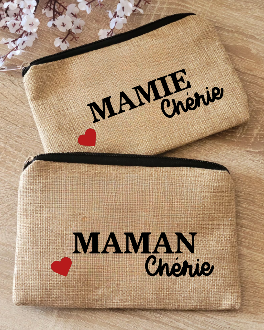 Pochette plate en jute, maman chérie , texte modifiable