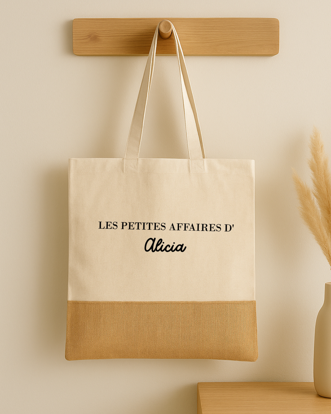 Tote bag en coton et jute personnalisé les petites affaires de + prénom