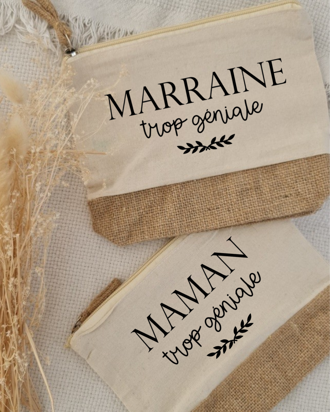 Pochette en jute et coton personnalisé avec message maman trop géniale , texte modifiable