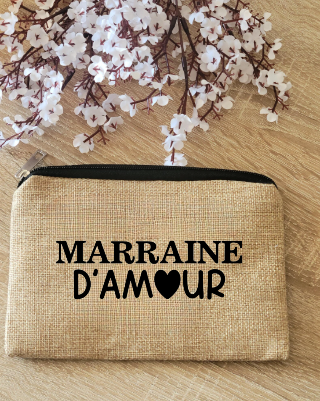 Pochette plate en jute marraine d'amour , texte modifiable