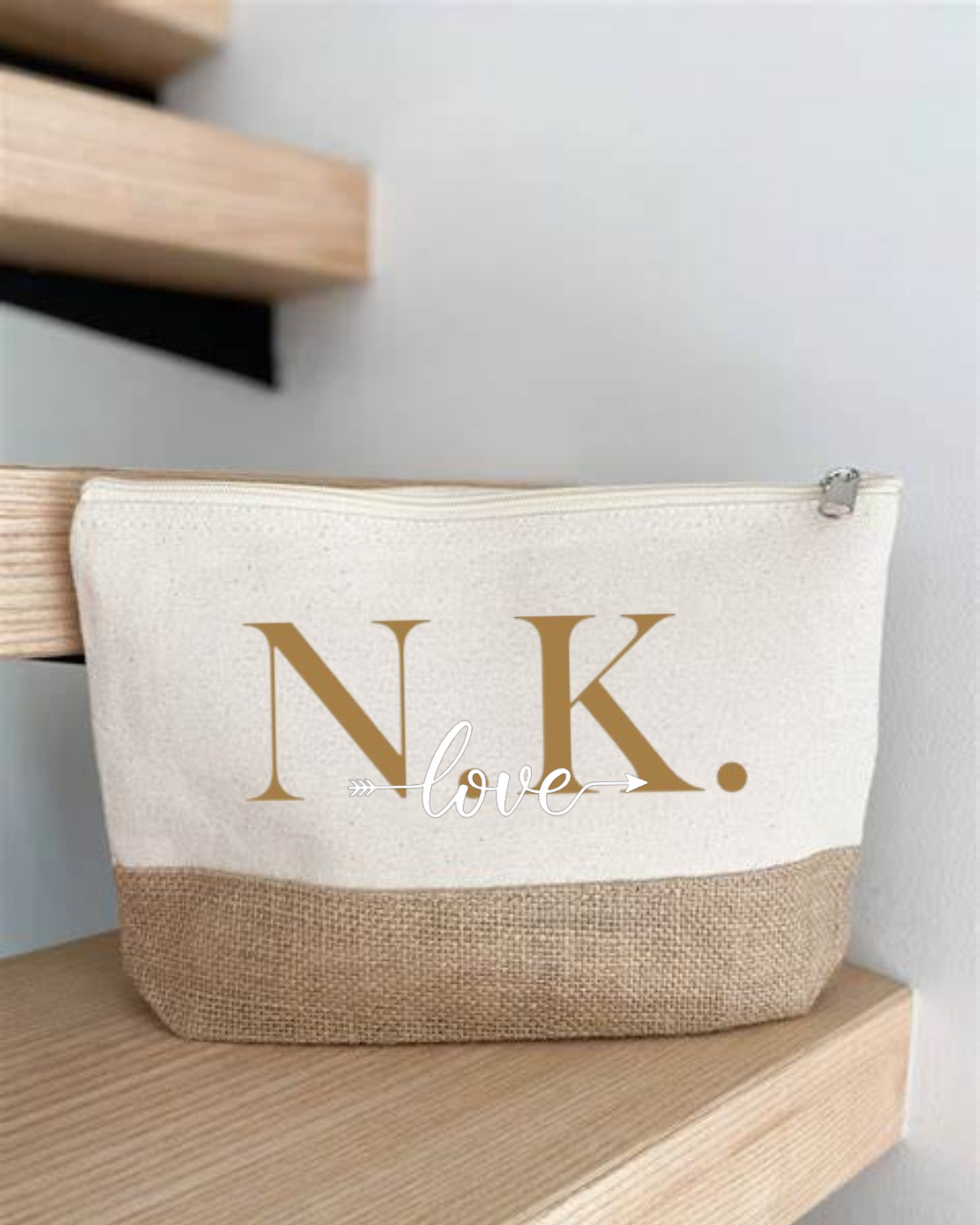Pochette en coton et jute , initiales + love