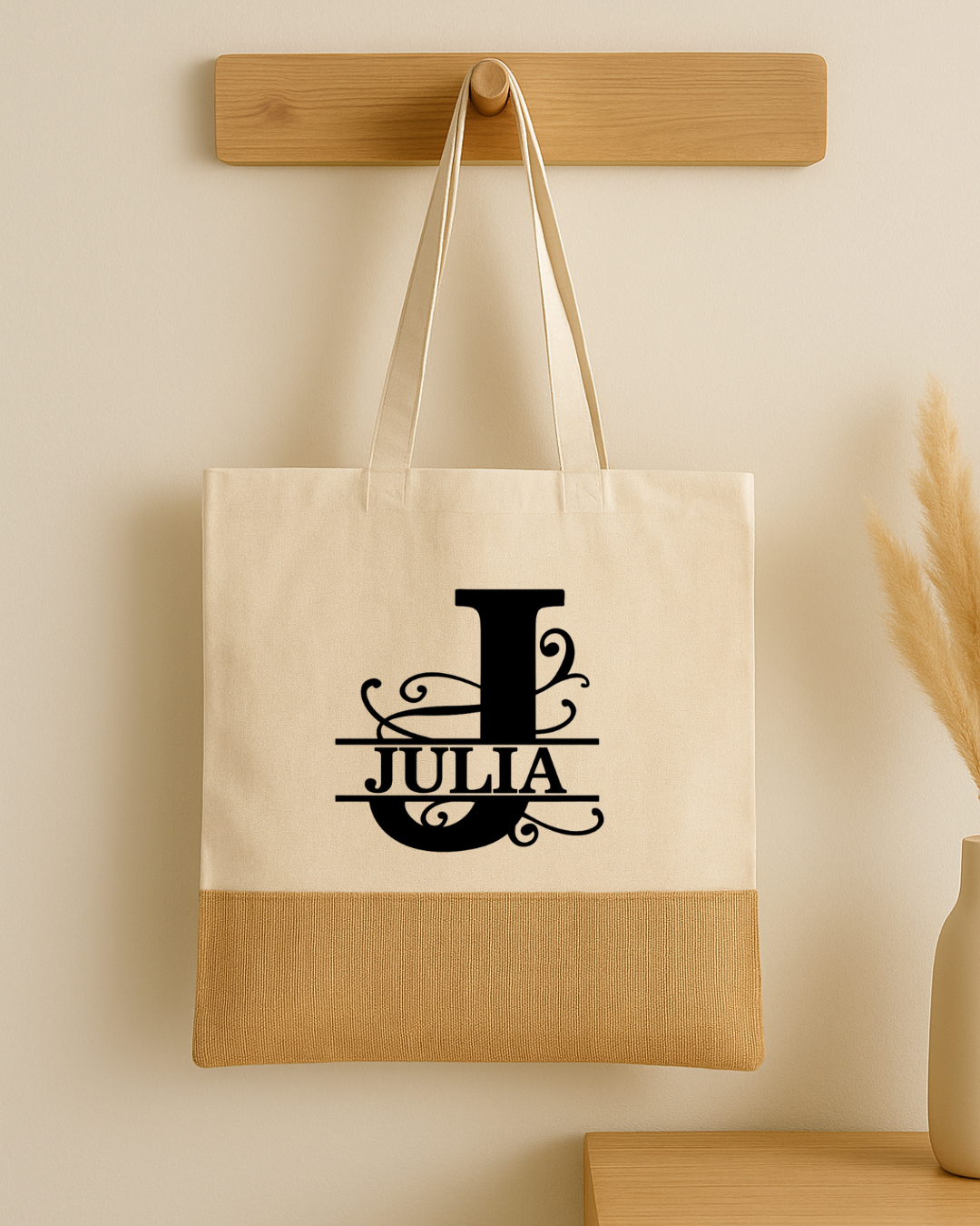Tote bag en coton et jute personnalisé initiale + prénom