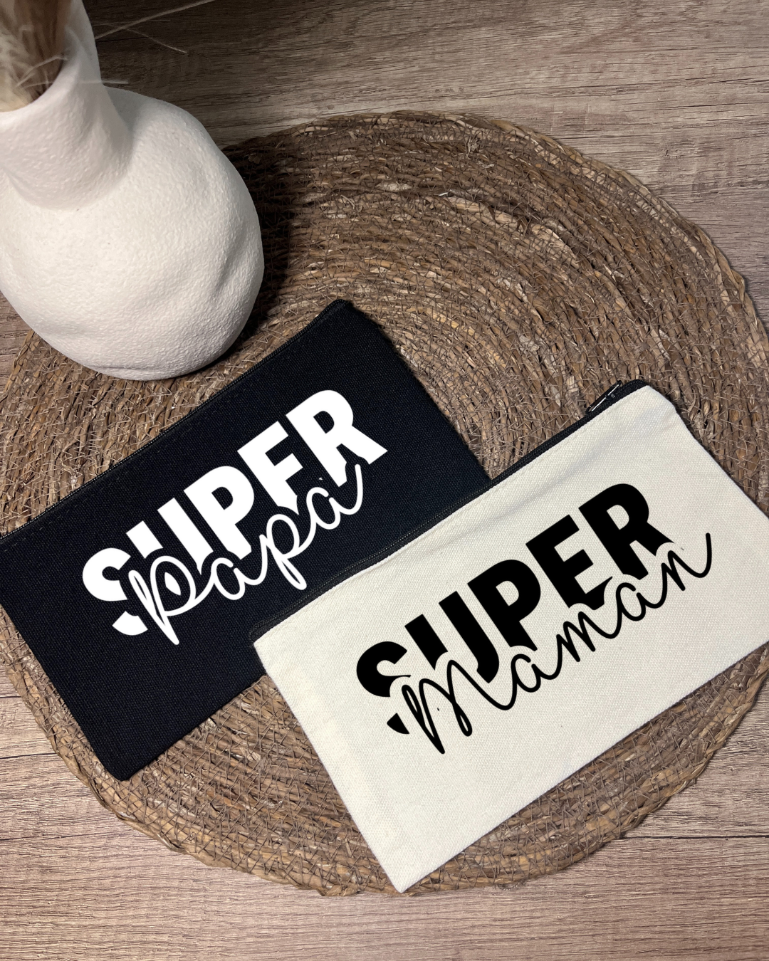 pochette plate en coton, personnalisé super papa, texte modifiable