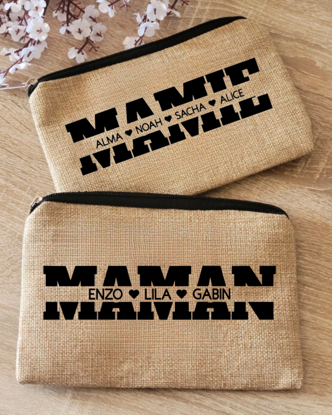 pochette plate en jute maman + pré noms enfants , texte modifiable