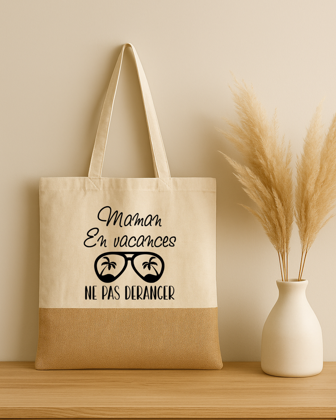 Tote bag en coton et jute personnalisé avec inscription en vacances ne pas déranger