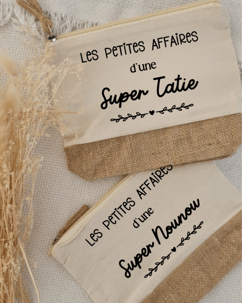 pochette coton et jute , mes petites affaires d'une super tatie, texte modifiable