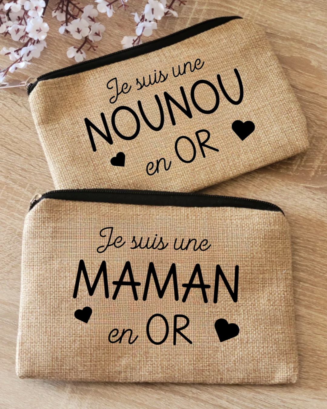 pochette plate en jute, je suis une nounou en or, texte modifiable
