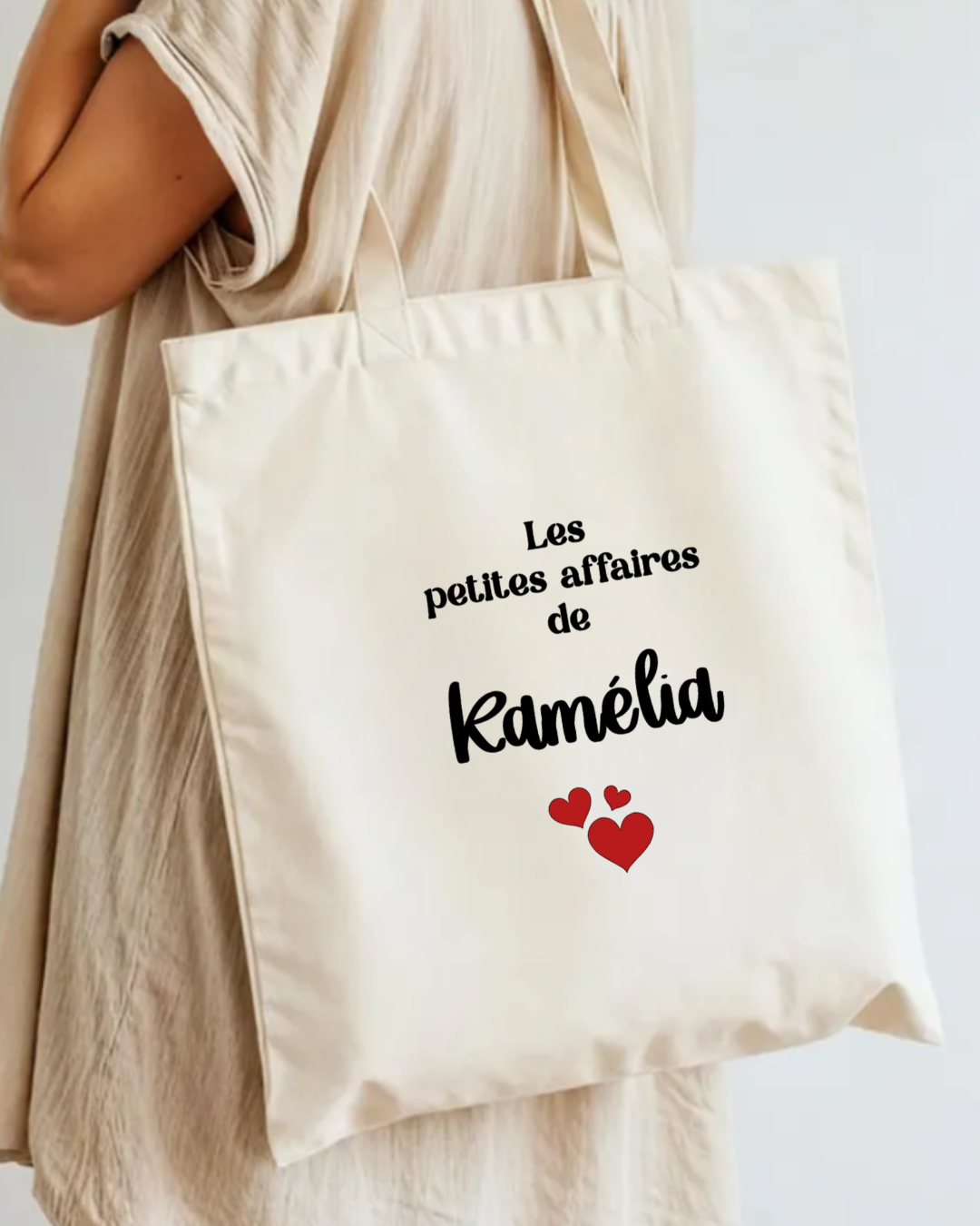Tote bag coton avec inscription les petites affaires de + prénom