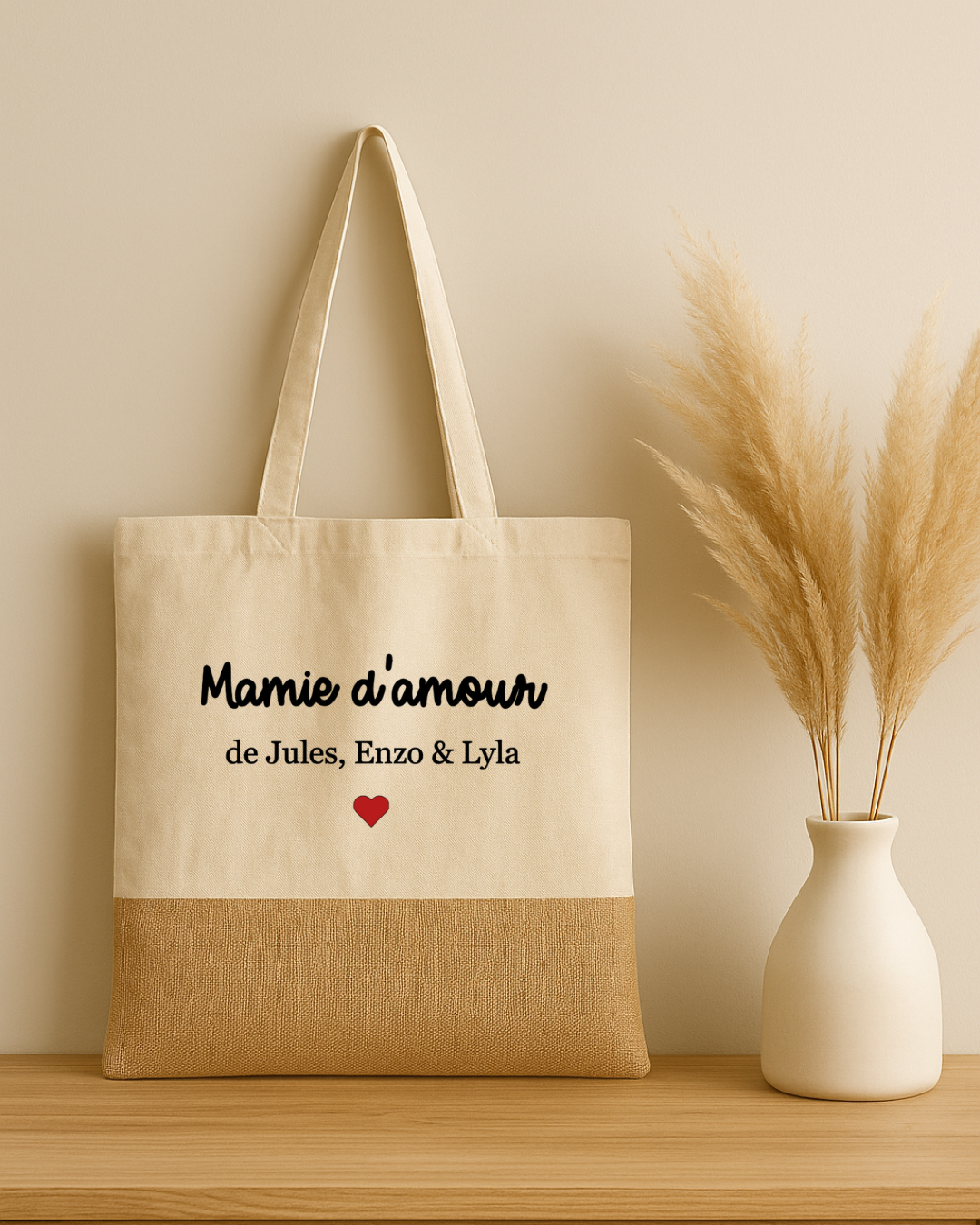Tote bag coton et jute avec inscription Mamie d'amour + prénoms