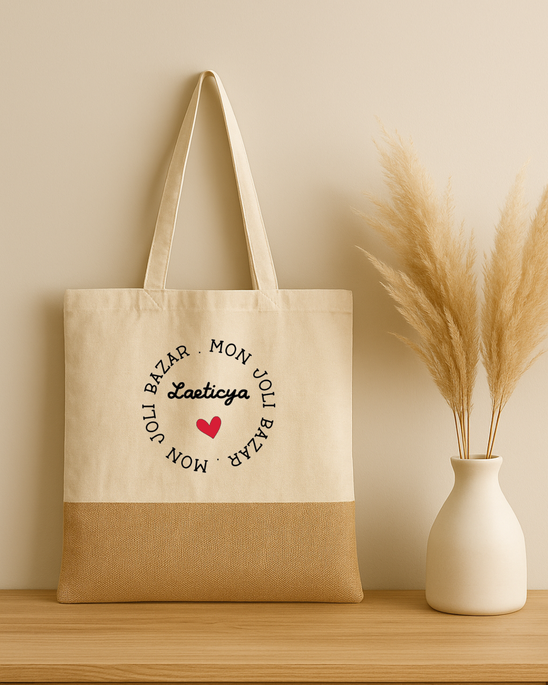 Tote bag coton et jute mon joli bazar + prénom