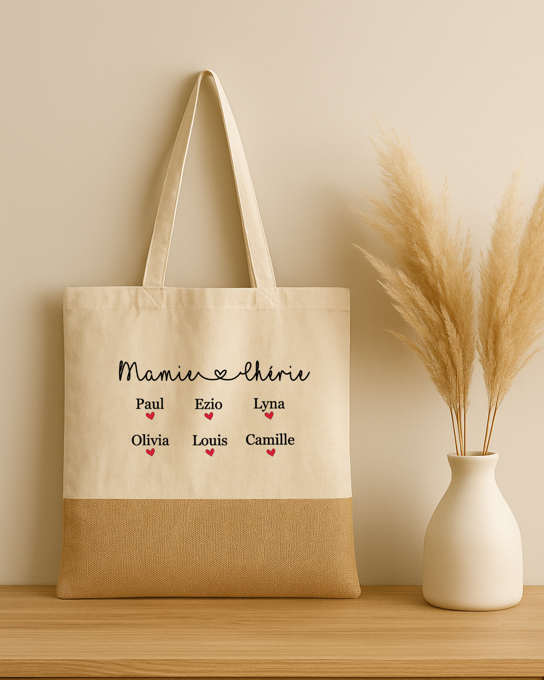 Tote bag coton et jute personnalisé prénoms