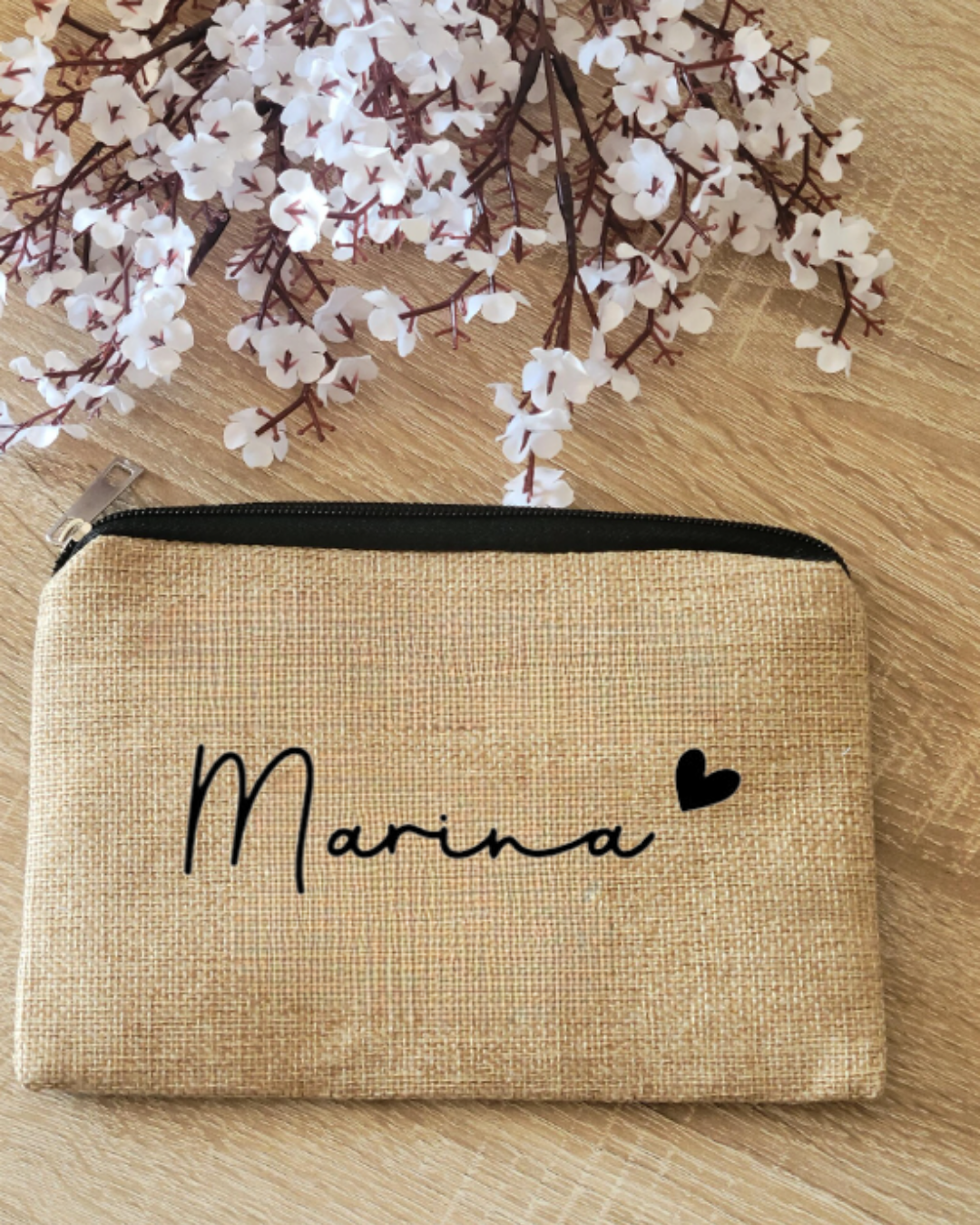 pochette plate en jute personnalisée avec prénom