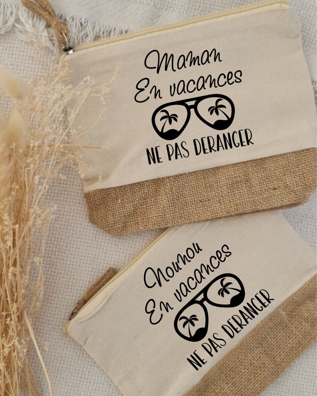 pochette en coton et jute , maman en vacance ne pas déranger, texte modifiable