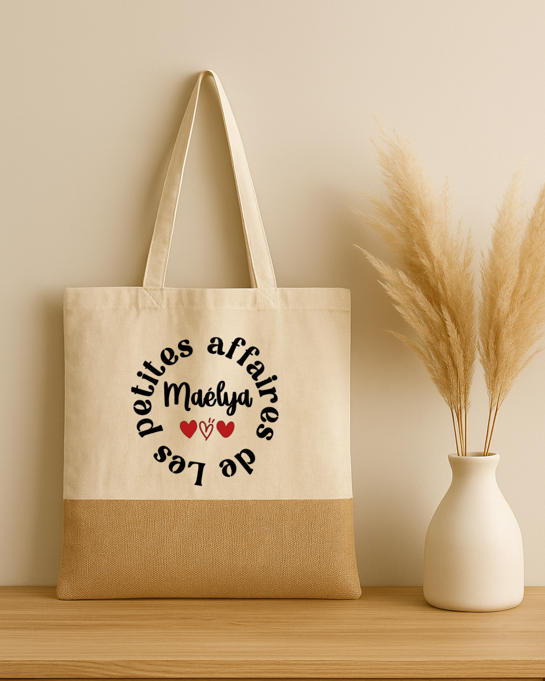 Tote bag en coton et jute personnalisé les petites affaires de + prénom