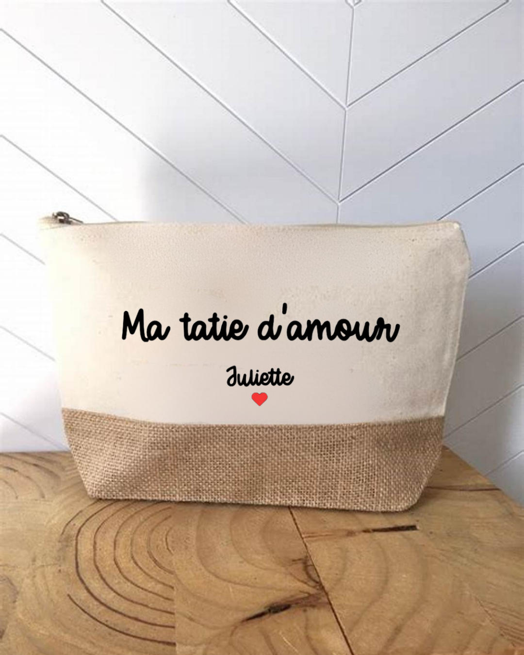 Pochette coton et jute , ma tatie d'amour + prénom , texte modifiable