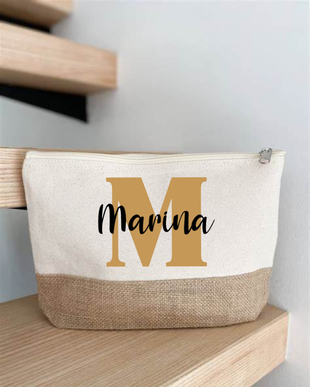 pochette en coton et jute , initiale + prénom