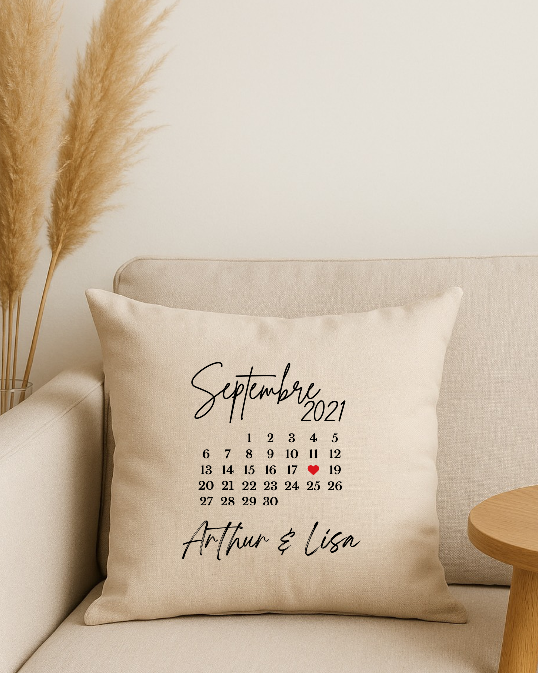 Coussin personnalisé calendrier avec date et prénoms