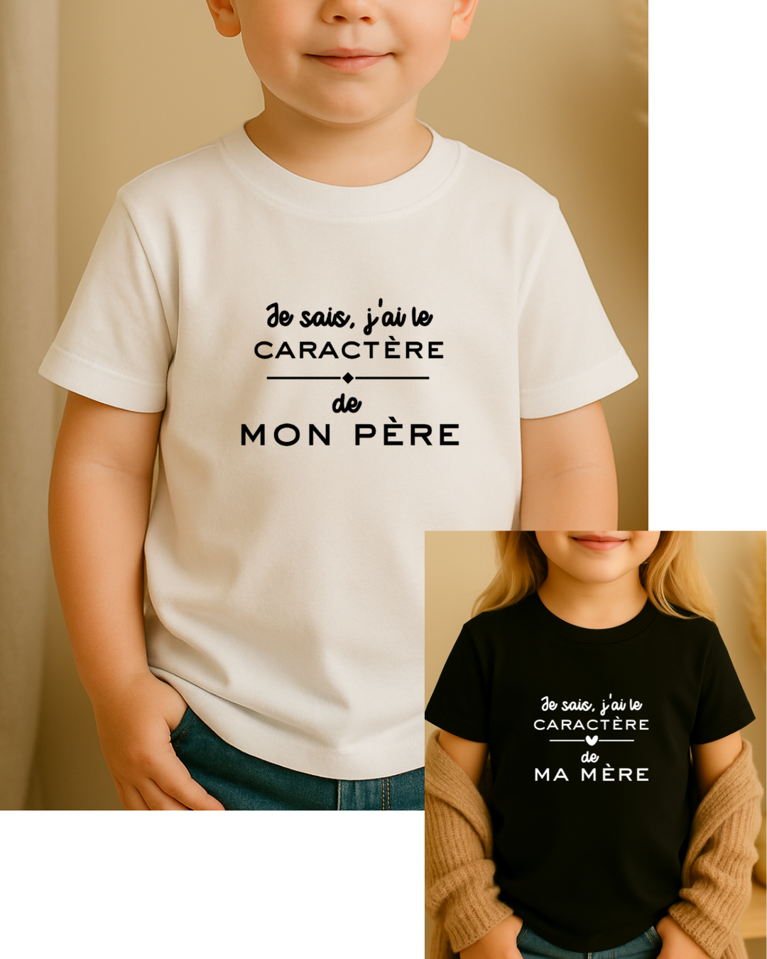 T-shirt personnalisé enfant, inscription: je sais j'ai le caractère de ma mère/père