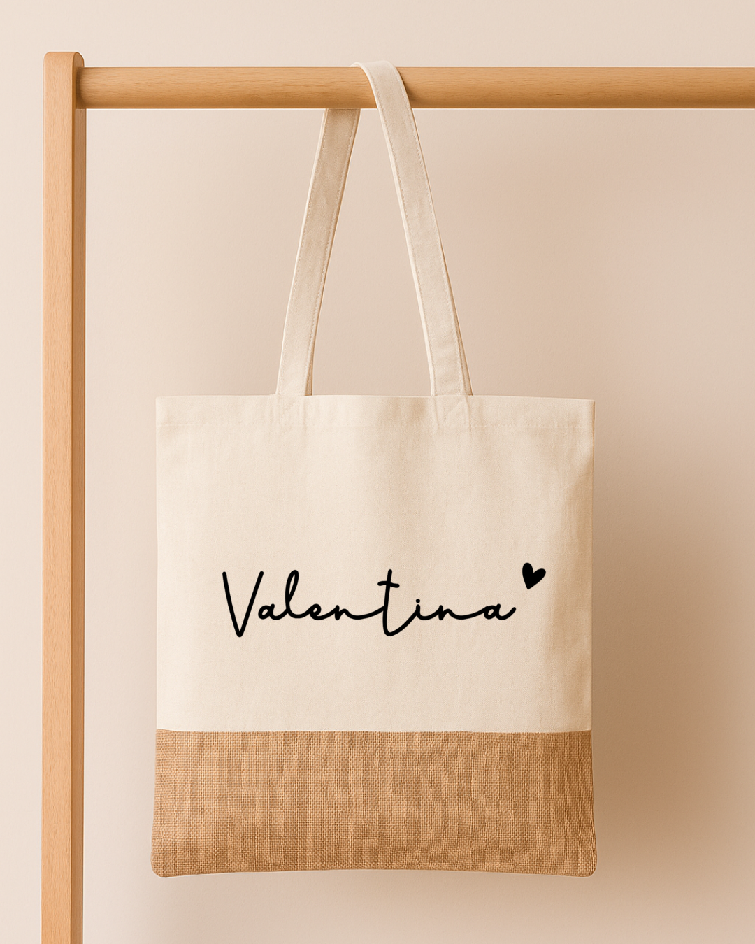 Tote bag personnalisé coton et jute avec prénom et cœur