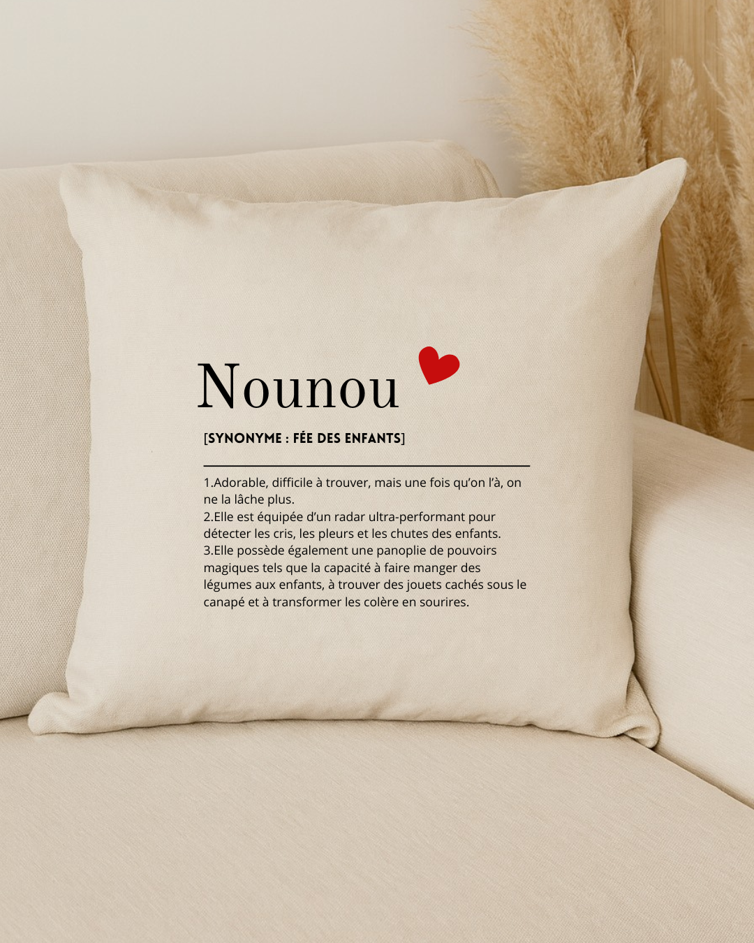 Coussin personnalisé définition Nounou, texte modifiable