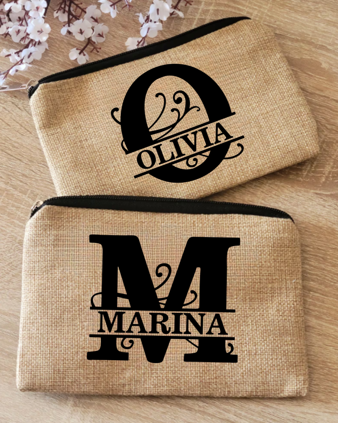 Pochette plate en jute personnalisée avec initiale et prénom