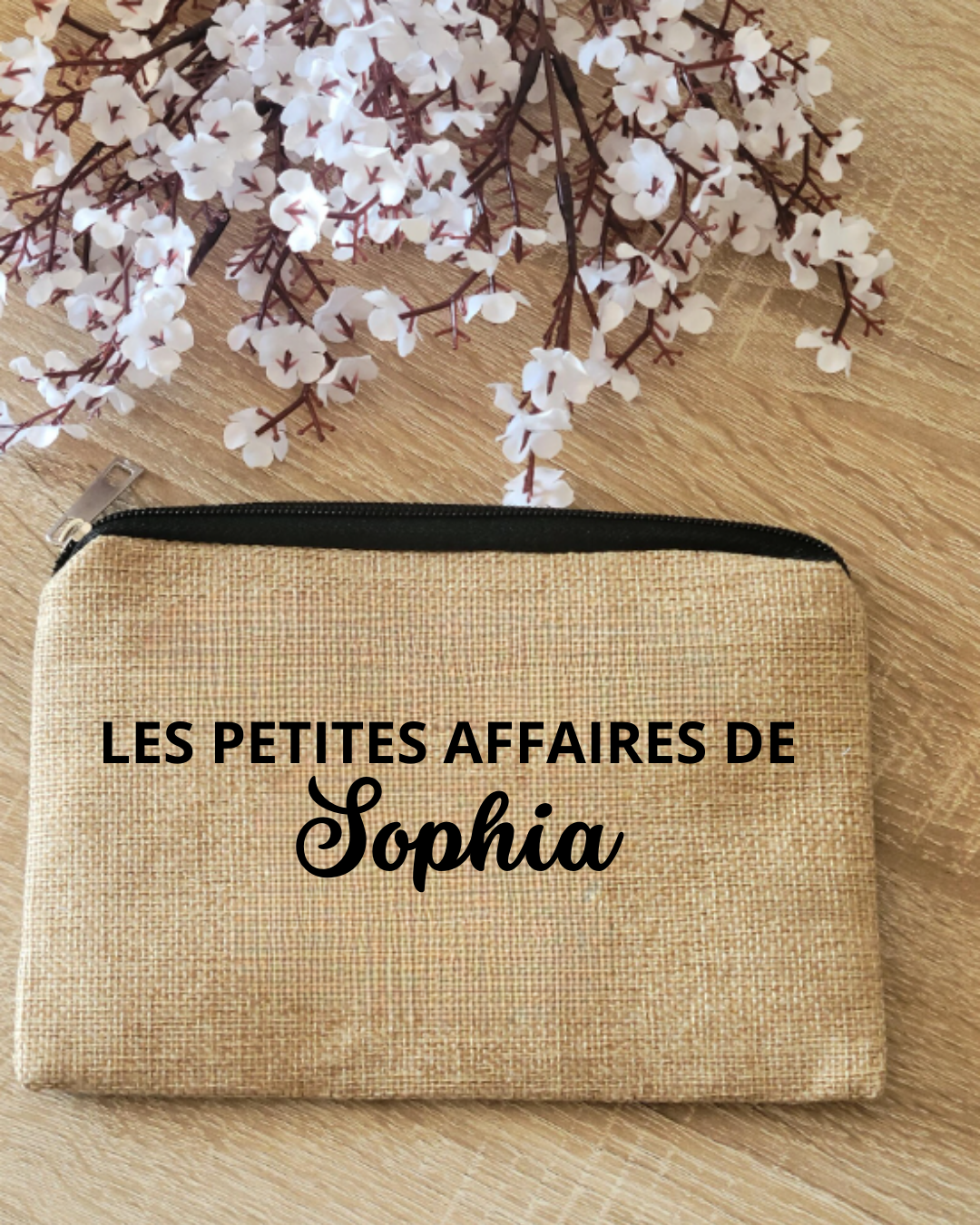 Pochette plate en jute les petites affaires de + prénom