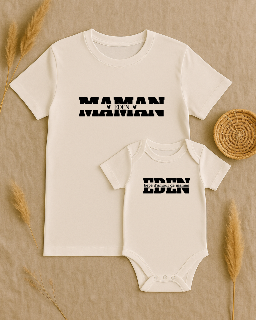 Coffret textile personnalisé t-shirt adulte + body bébé