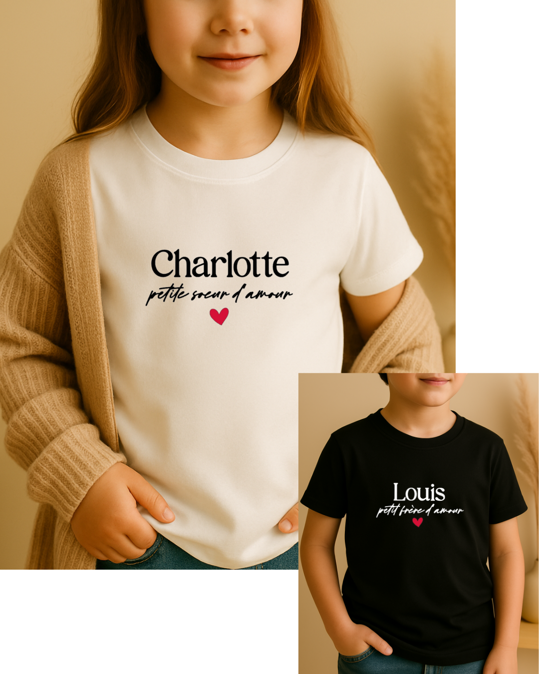 T-shirt personnalisé enfant, inscription : prénom + petite soeur/frère d'amour