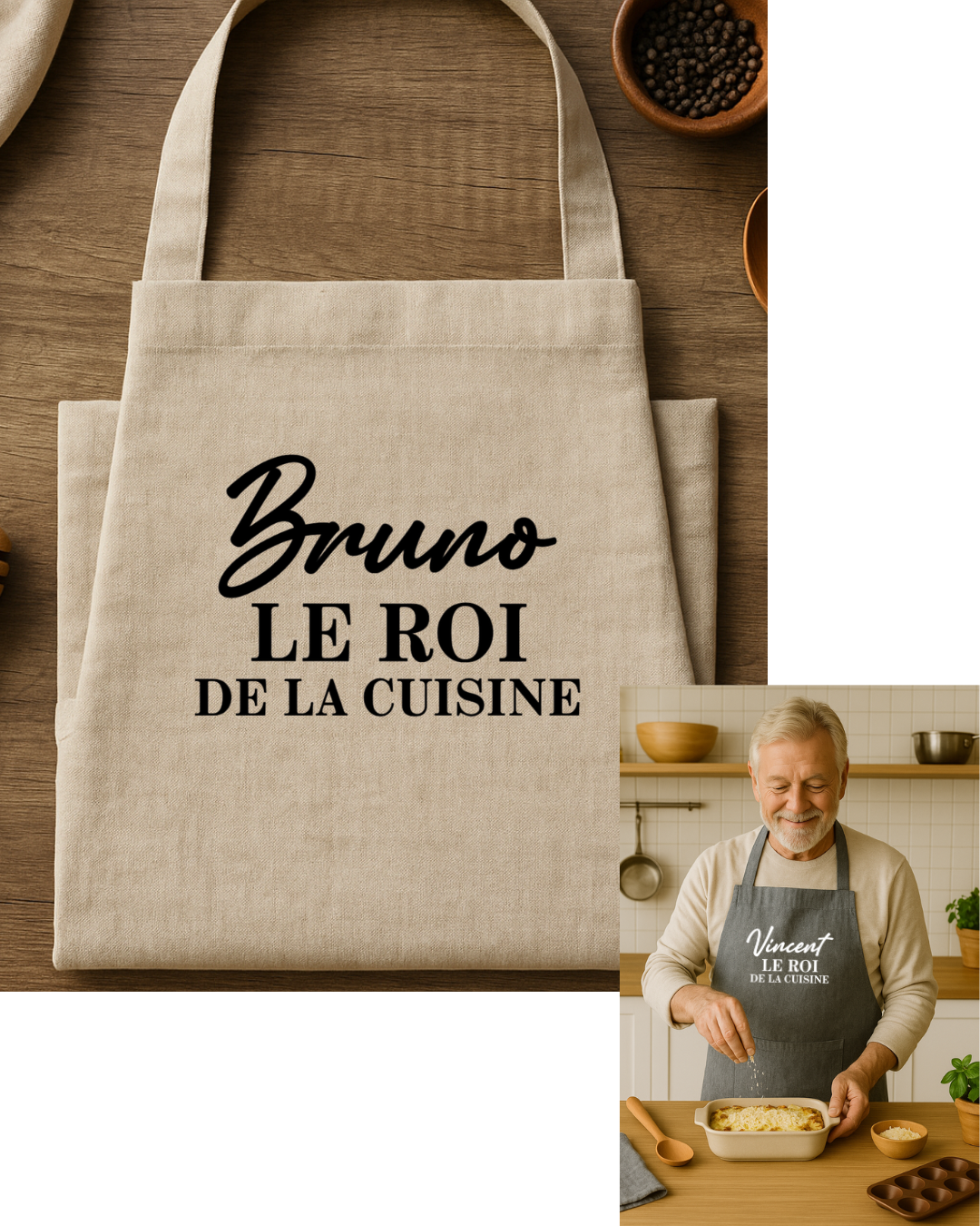 Tablier personnalisé inscription : le roi de la cuisine + prénom