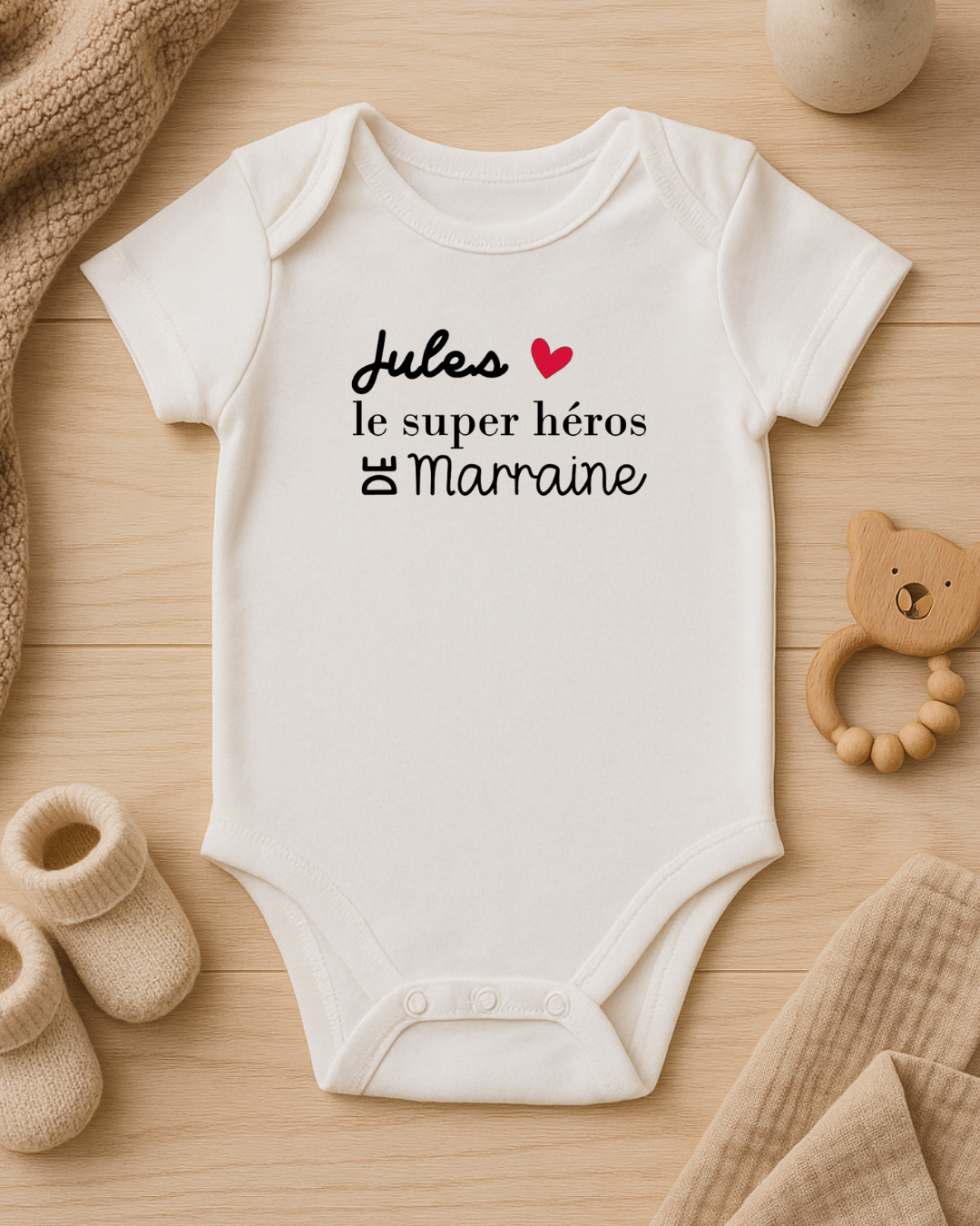 Body bébé personnalisé, inscription : jules le super héros de marraine, texte modifiable