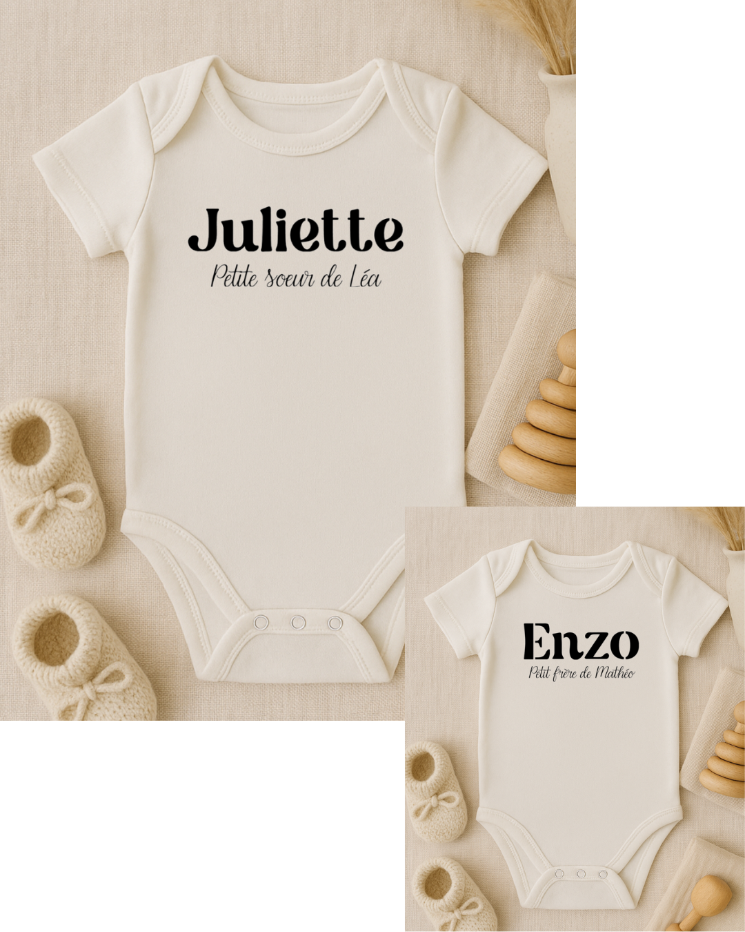 Body bébé personnalisé : prénom + petite soeur ou petit frère de (prénom) , texte modifiable