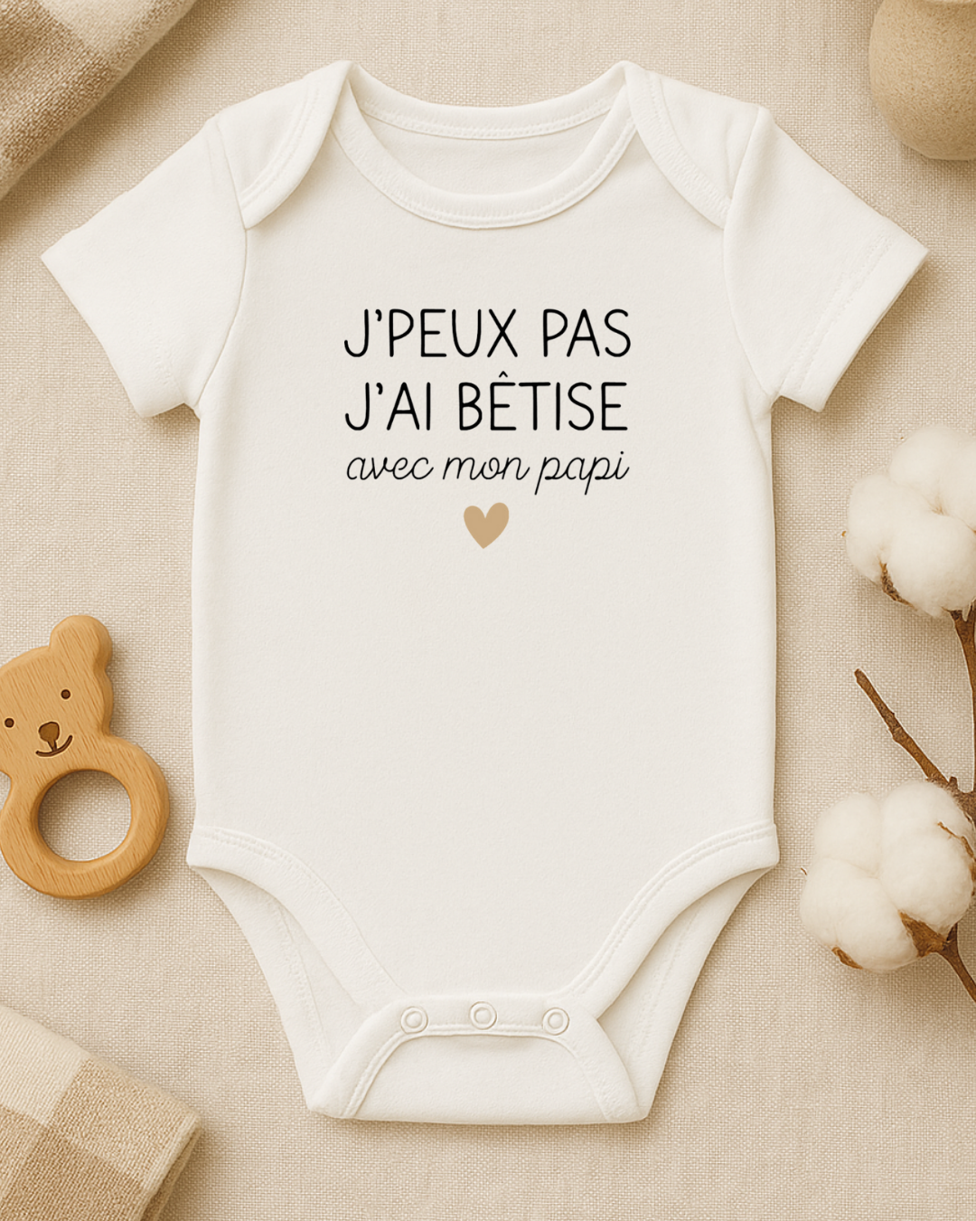 Body bébé personnalisé : j'peux pas j'ai bêtise avec mon papi, texte modifiable
