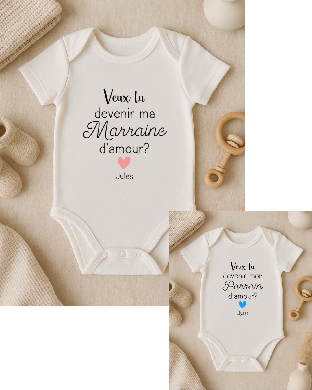 Body bébé personnalisé: veux tu devenir ma marraine d'amour + prénom, disponible en version parrain