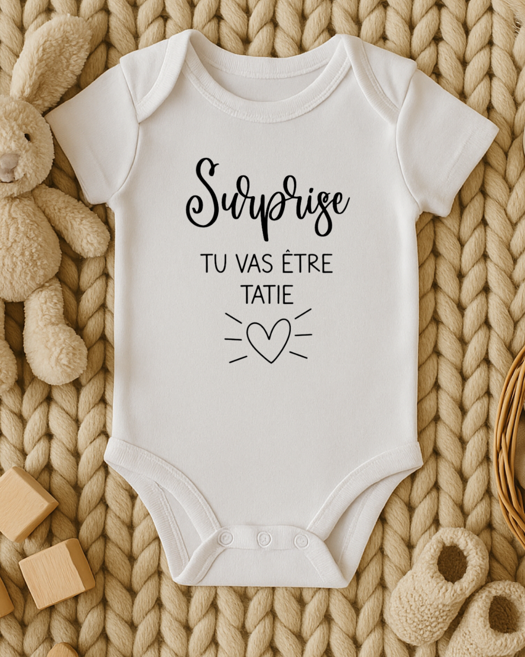 Body bébé inscription: surprise tu vas être tatie, texte modifiable