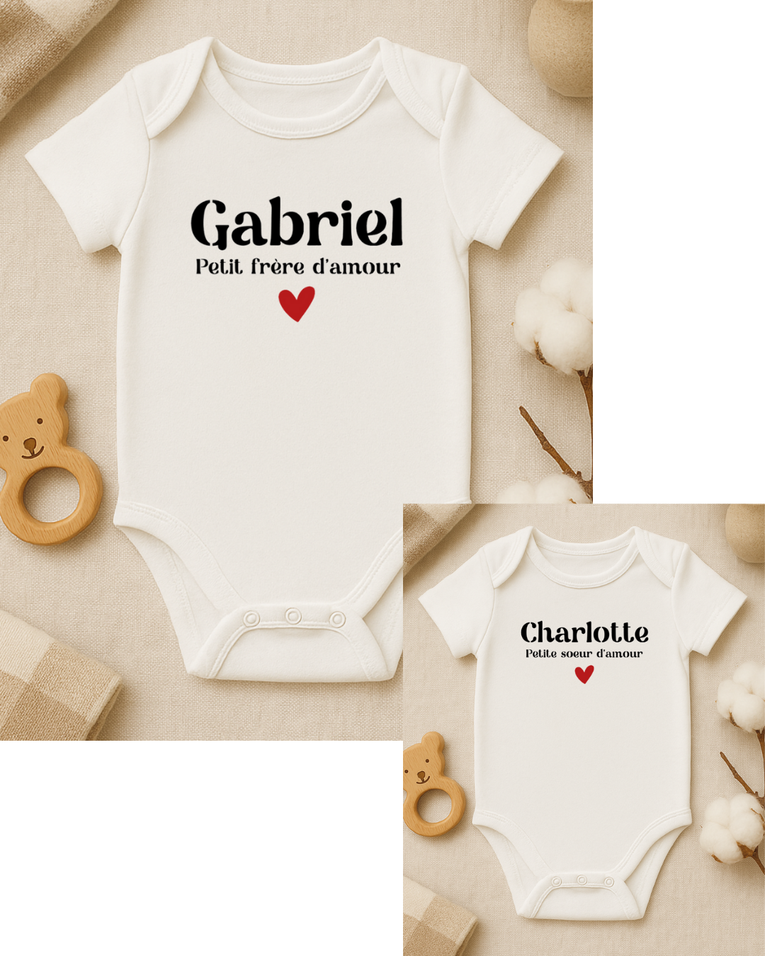Body personnalisé, prénom + petit frère ou petite soeur d'amour