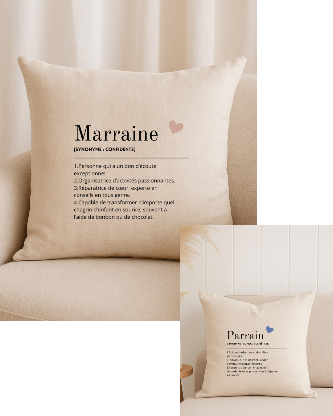 Coussin personnalisé définition Marraine/parrain, texte modifiable