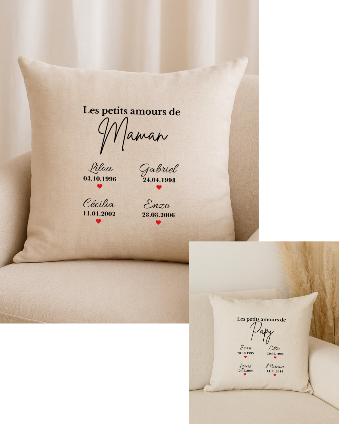 Coussin personnalisé les petits amours de maman, avec prénoms , texte modifiable