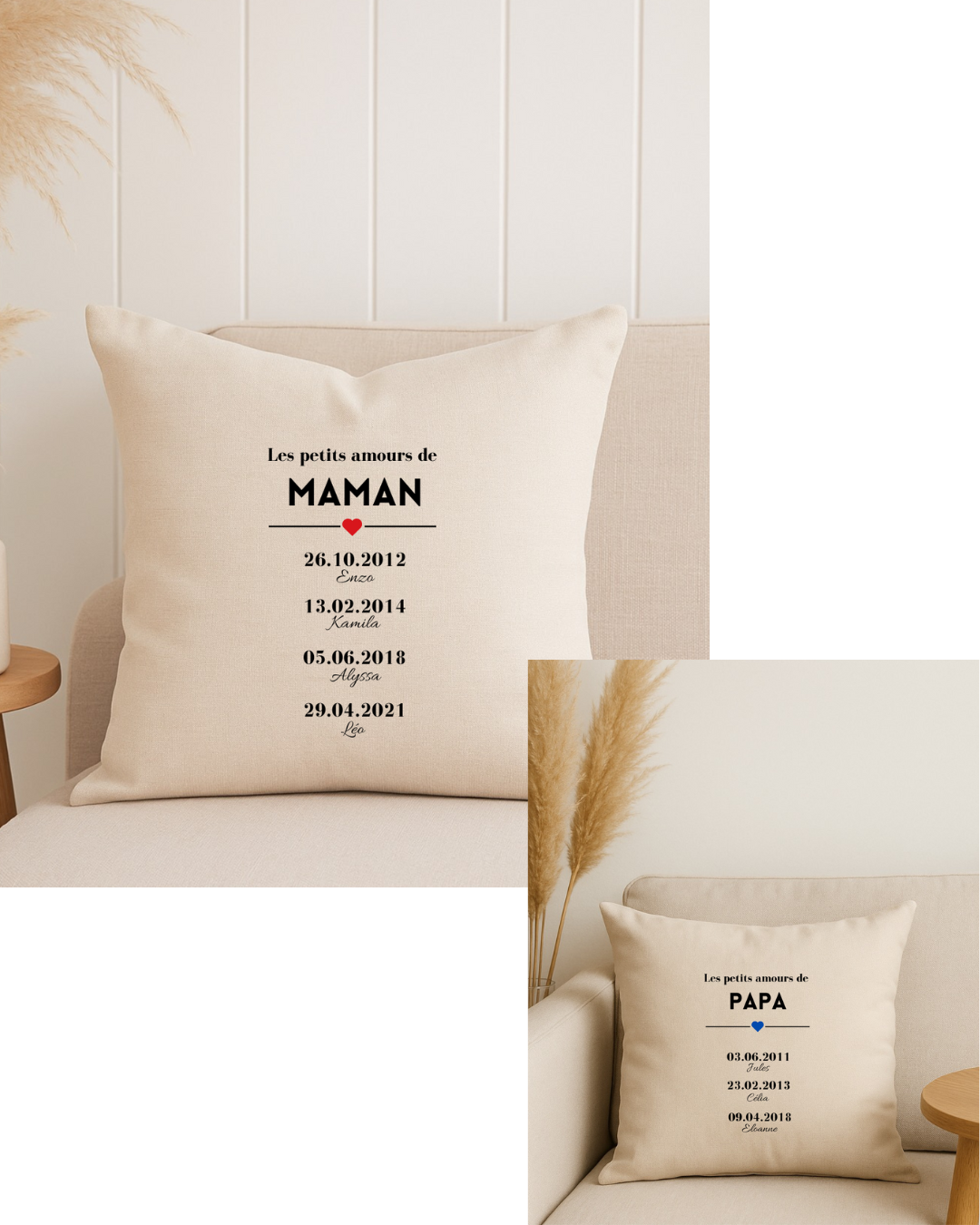 Coussin personnalisé les petits amours de papa avec prénoms et dates, texte modifiable