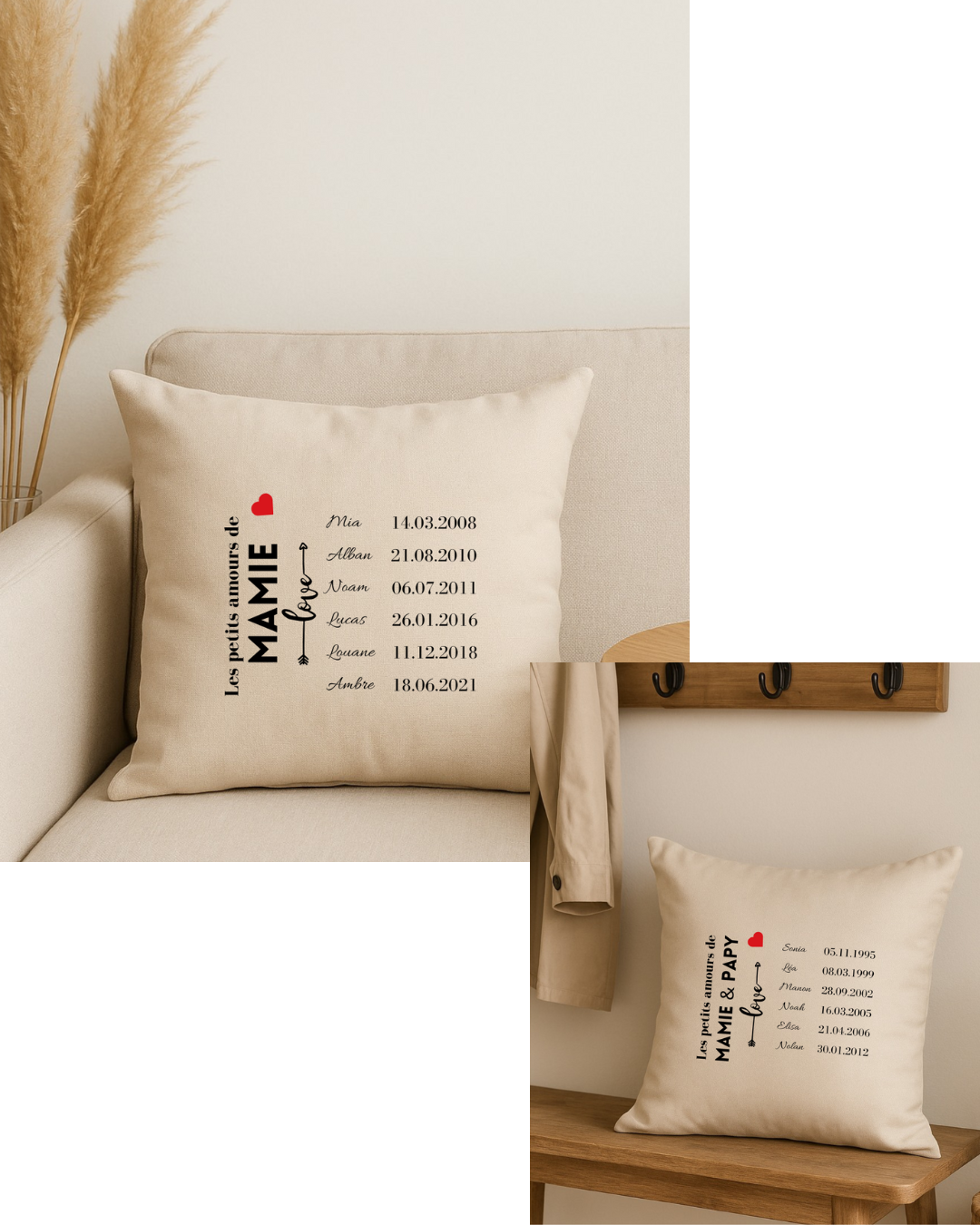 Coussin personnalisé les petits amours de Mamie avec prénoms et dates, texte modifiable