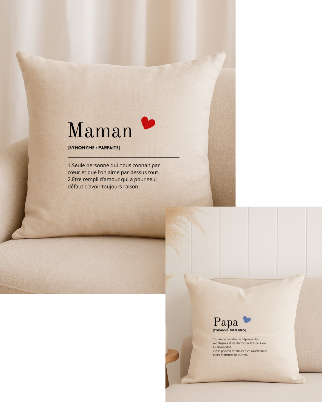 Coussin personnalisé définition maman/papa , texte modifiable