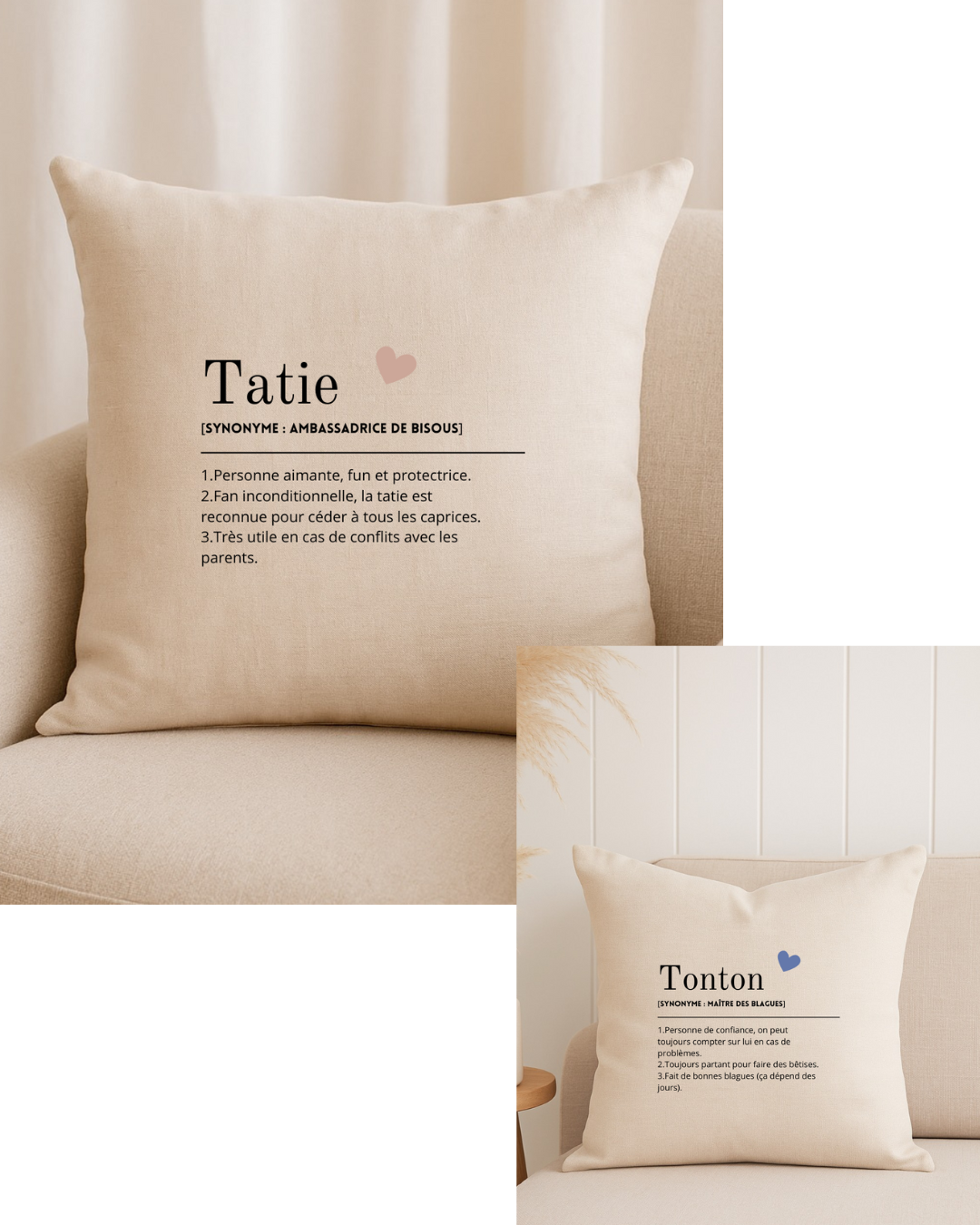 Coussin personnalisé définition tatie/tonton, texte modifiable