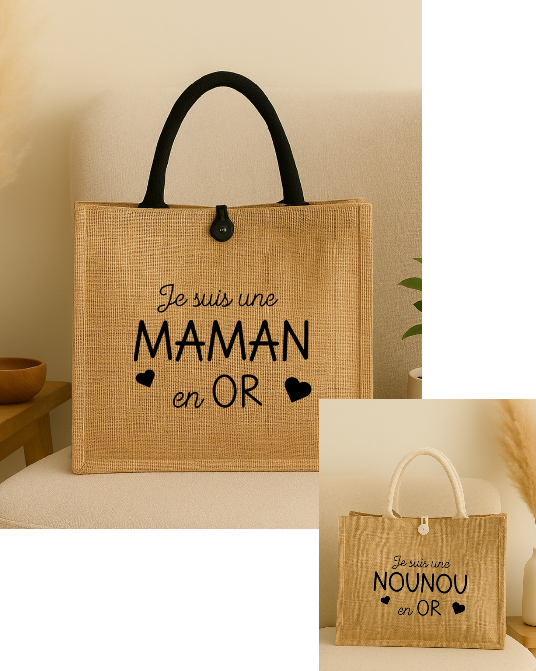 Sc en jute personnalisé inscription je suis une maman en Or , texte modifiable