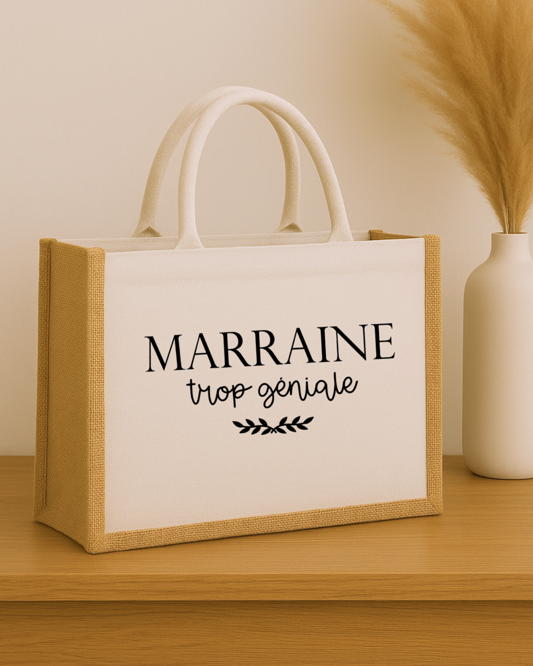 Sac en jute et tissus, inscription marraine trop géniale, texte modifiable
